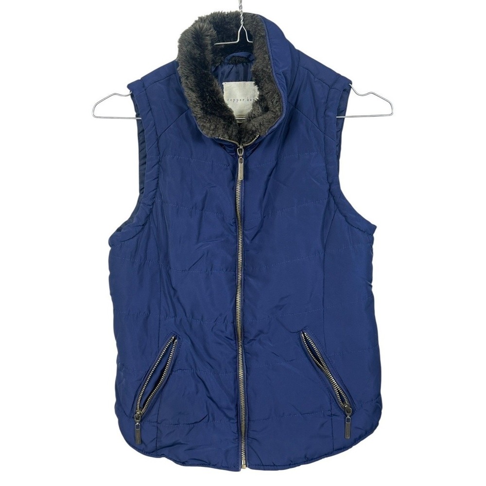 Copper Key Women Navy Quilted Puffer Vest Fur Collar‎ Zip Pockets XS